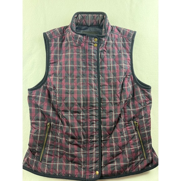 Talbots Womens Vest Large Plaid Quilted Sleeveless Jacket Burgundy Casual - Picture 1 of 8